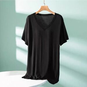 Built-in Bra Pads V-Neck tee shirt Stretchy Short Sleeve Top black Women's M/L
